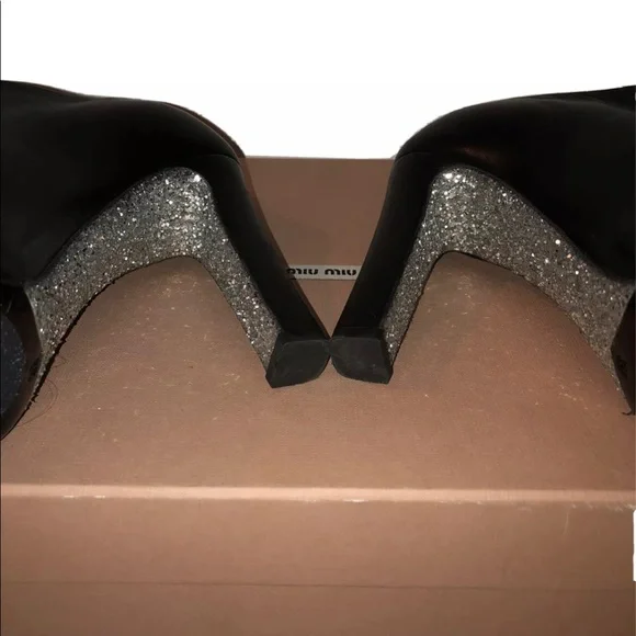 MIU MIU Calzature Donna Nappa Glitter Platform Black Leather Booties 6 - Picture 14 of 16
